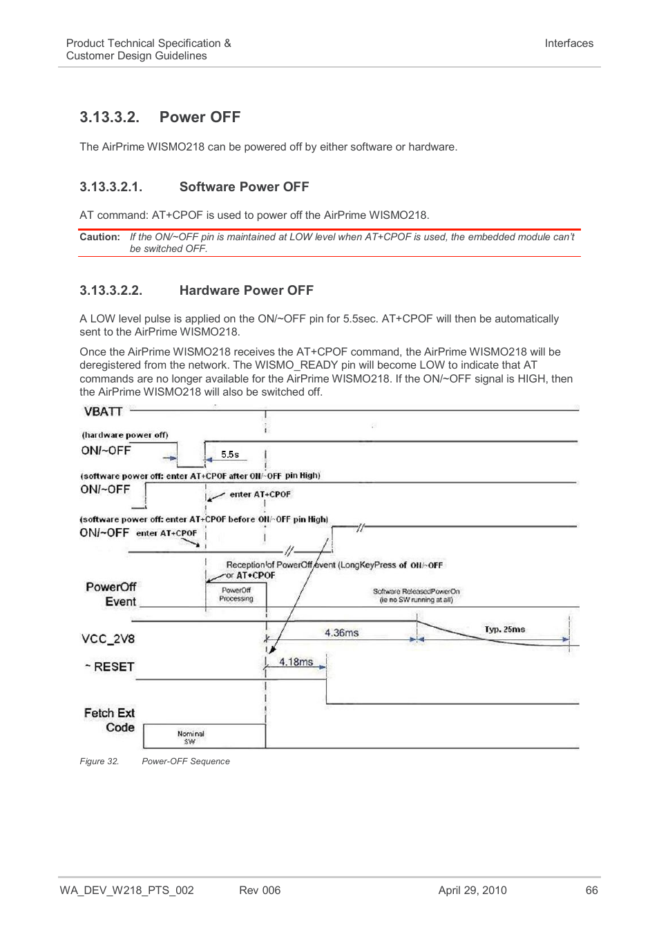 Power off, Software power off, Hardware power off | 5sec, Figure 32, Power-off sequence | Sierra Wireless AIRPRIME WISMO218 User Manual | Page 66 / 103