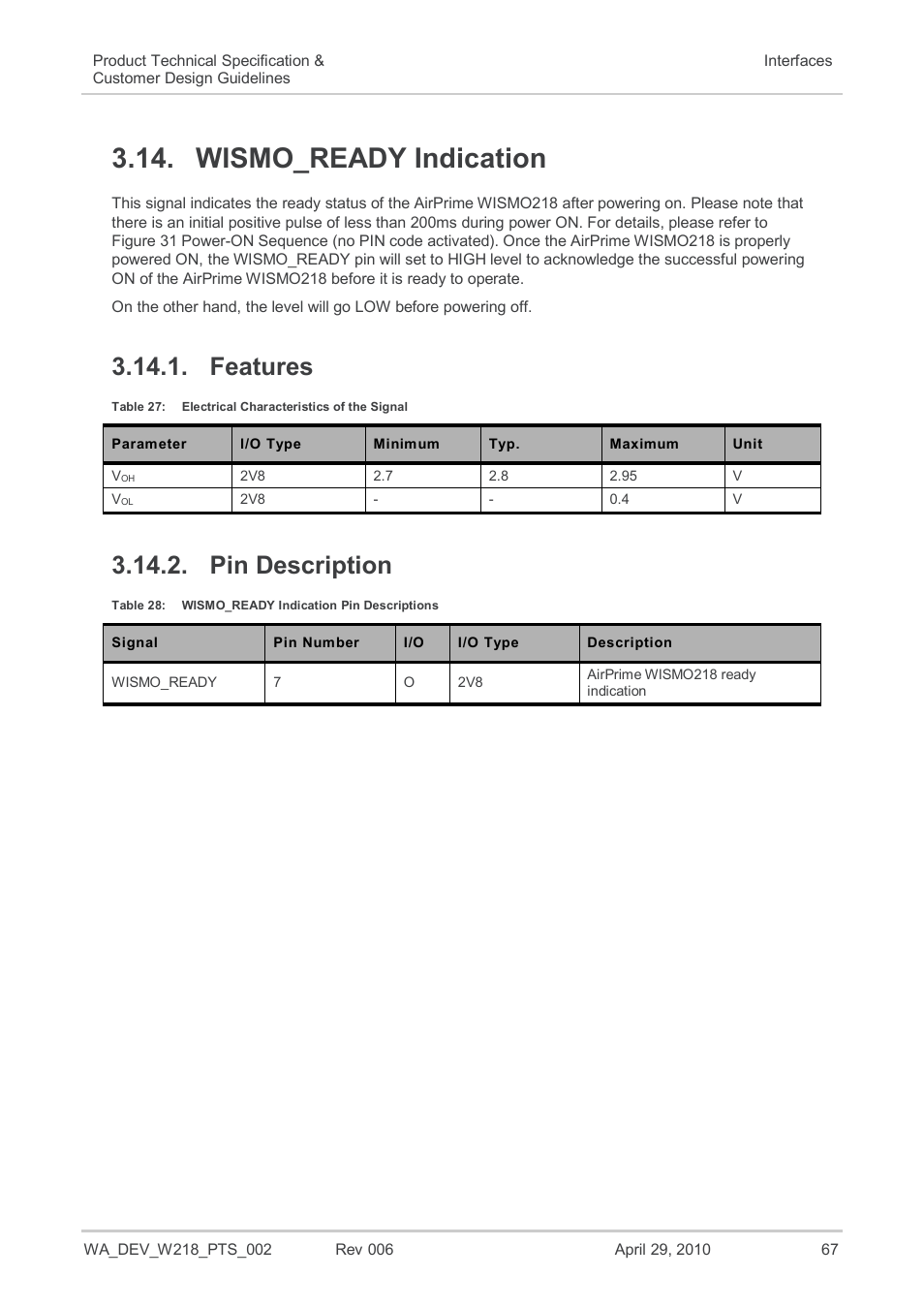 Wismo_ready indication, Features, Pin description | Table 27, Electrical characteristics of the signal, Table 28, Wismo_ready indication pin descriptions | Sierra Wireless AIRPRIME WISMO218 User Manual | Page 67 / 103