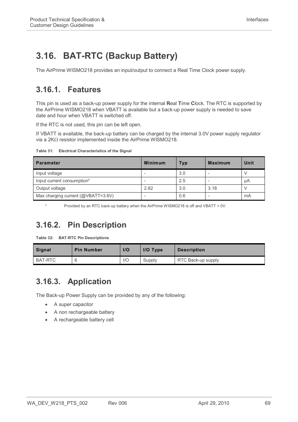 Bat-rtc (backup battery), Features, Pin description | Application, Table 31, Electrical characteristics of the signal, Table 32, Bat-rtc pin descriptions | Sierra Wireless AIRPRIME WISMO218 User Manual | Page 69 / 103