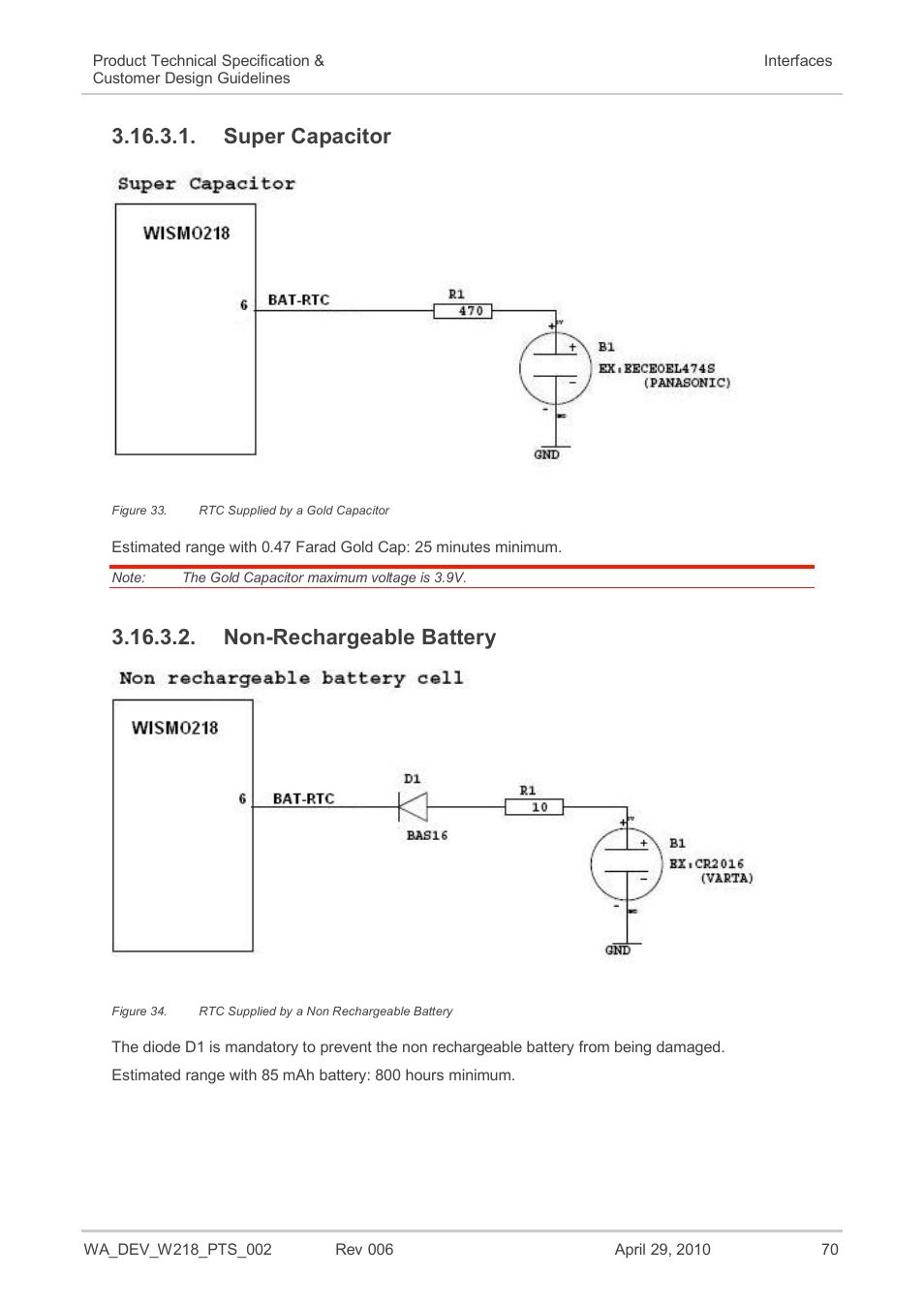 Super capacitor, Non-rechargeable battery, Figure 33 | Rtc supplied by a gold capacitor, Figure 34, Rtc supplied by a non rechargeable battery | Sierra Wireless AIRPRIME WISMO218 User Manual | Page 70 / 103