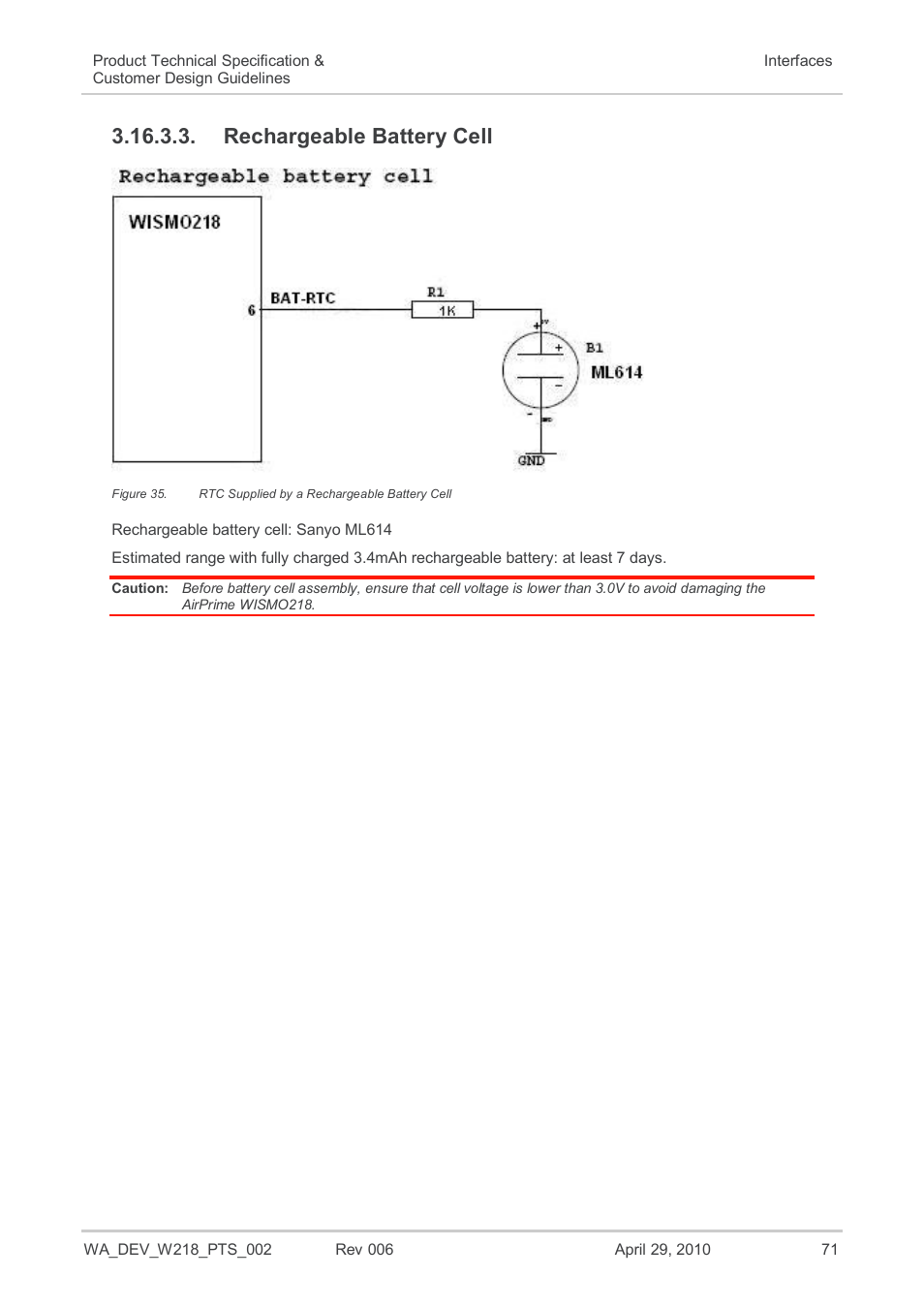 Rechargeable battery cell, Figure 35, Rtc supplied by a rechargeable battery cell | Sierra Wireless AIRPRIME WISMO218 User Manual | Page 71 / 103