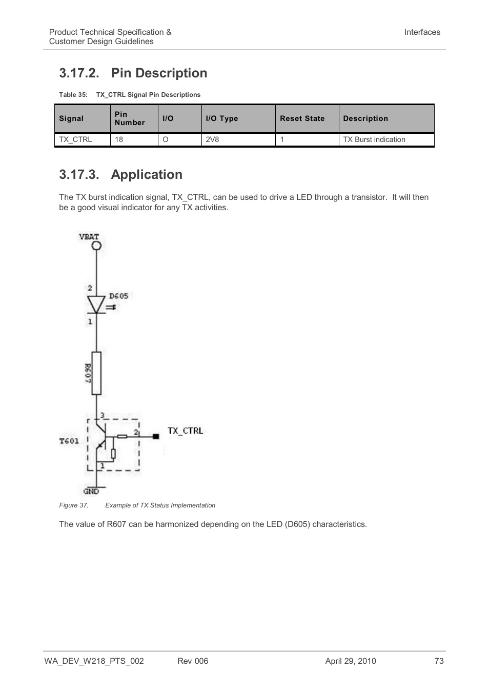 Pin description, Application, Figure 37 | Example of tx status implementation, Table 35, Tx_ctrl signal pin descriptions | Sierra Wireless AIRPRIME WISMO218 User Manual | Page 73 / 103