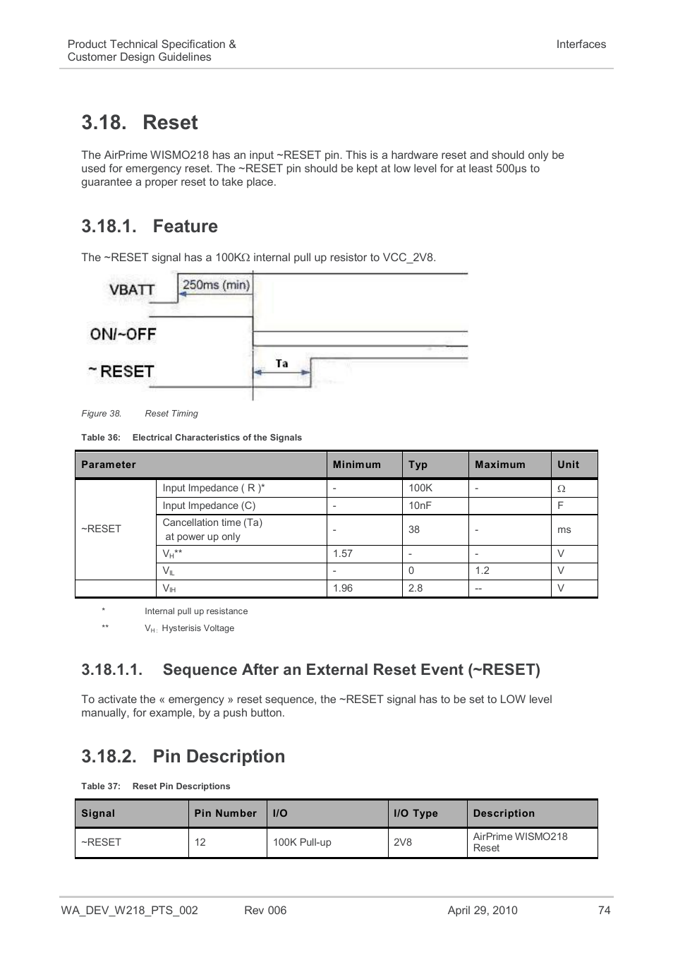 Reset, Feature, Sequence after an external reset event (~reset) | Pin description, N 3.18 reset, Figure 38, Reset timing, Table 36, Electrical characteristics of the signals, Table 37 | Sierra Wireless AIRPRIME WISMO218 User Manual | Page 74 / 103