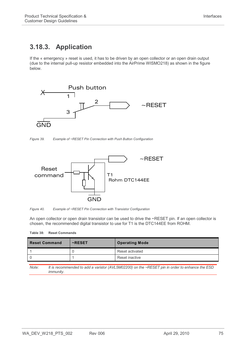 Application, Figure 39, Figure 40 | Table 38, Reset commands, Push button ~reset, Gnd ~reset reset command | Sierra Wireless AIRPRIME WISMO218 User Manual | Page 75 / 103