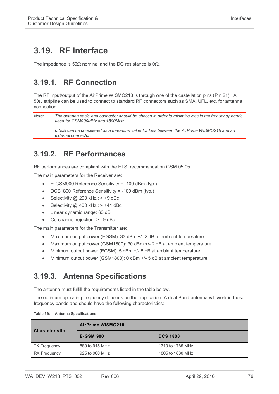 Rf interface, Rf connection, Rf performances | Antenna specifications, Table 39 | Sierra Wireless AIRPRIME WISMO218 User Manual | Page 76 / 103