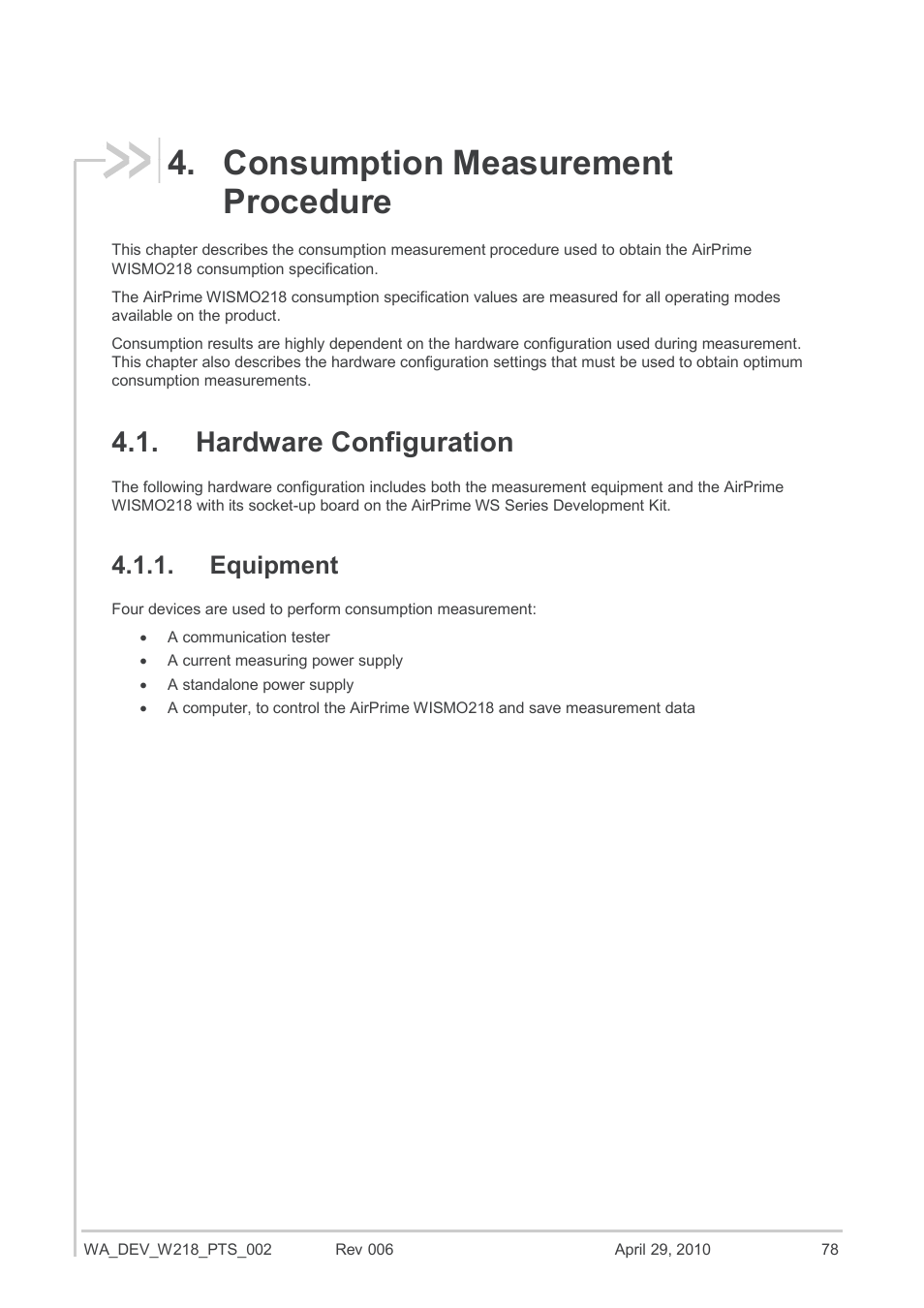 Consumption measurement procedure, Hardware configuration, Equipment | Sierra Wireless AIRPRIME WISMO218 User Manual | Page 78 / 103