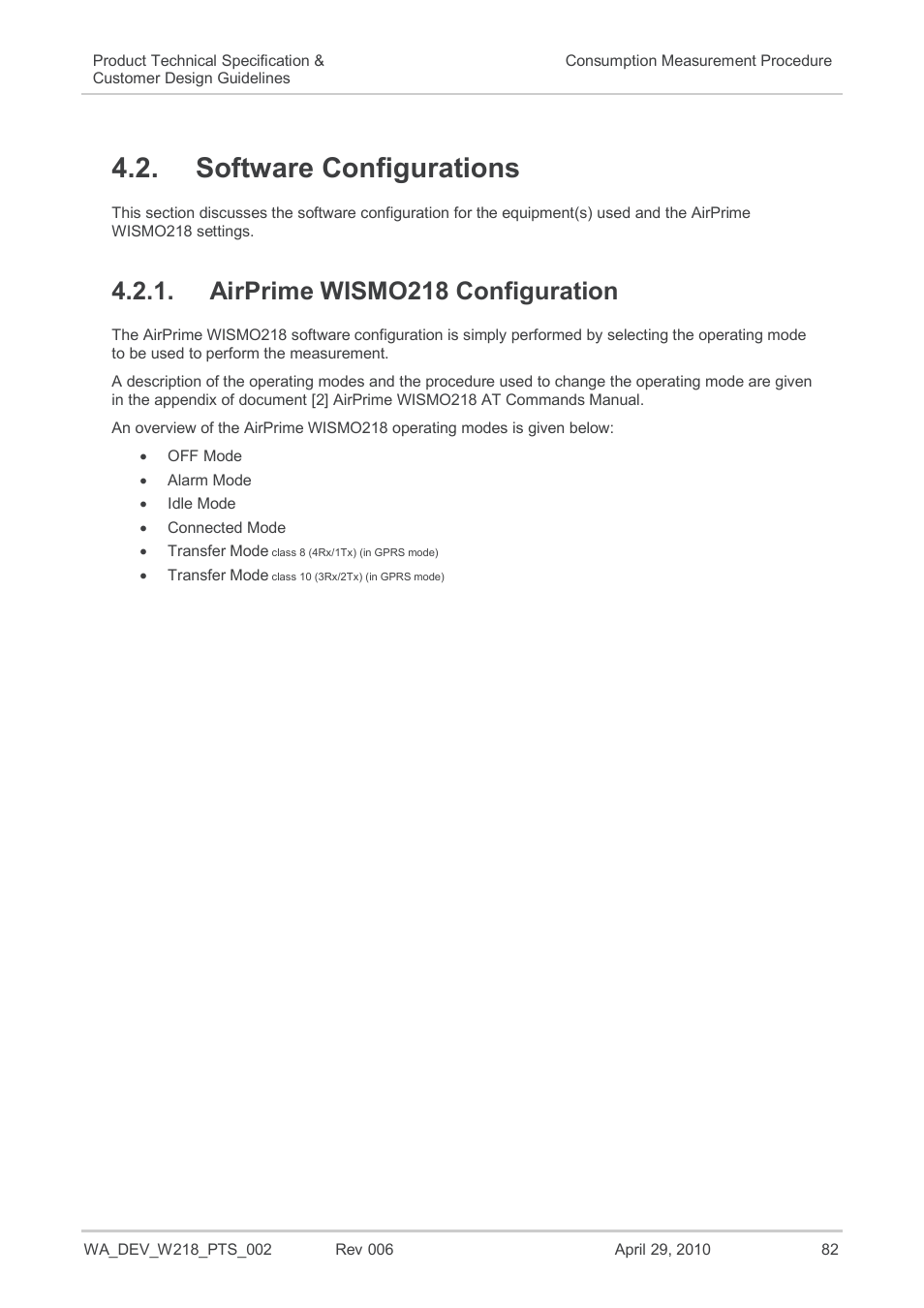 Software configurations, Airprime wismo218 configuration | Sierra Wireless AIRPRIME WISMO218 User Manual | Page 82 / 103