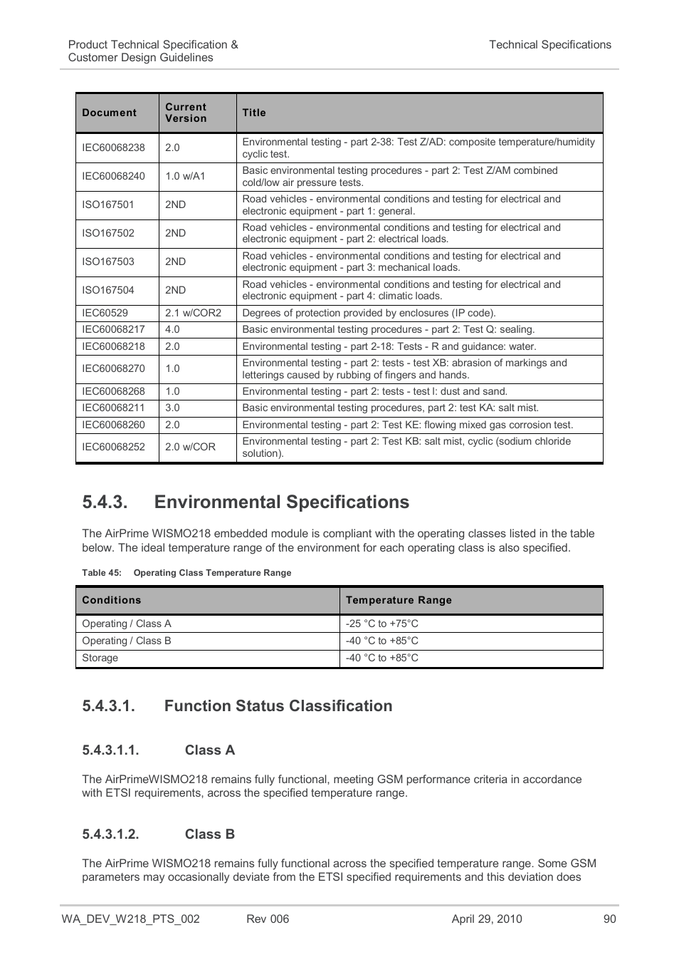 Environmental specifications, Function status classification, Class a | Class b, Class a operating temperature range, Table 45, Operating class temperature range | Sierra Wireless AIRPRIME WISMO218 User Manual | Page 90 / 103