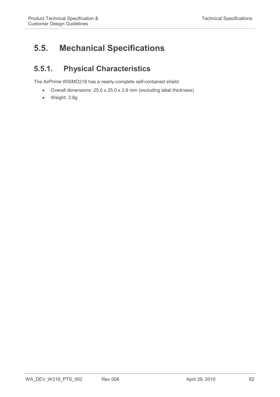 Mechanical specifications, Physical characteristics | Sierra Wireless AIRPRIME WISMO218 User Manual | Page 92 / 103