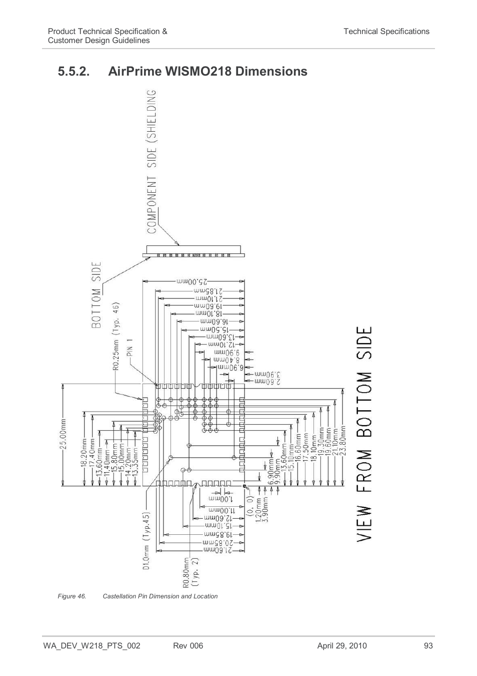 Airprime wismo218 dimensions, Figure 46, Castellation pin dimension and location | Sierra Wireless AIRPRIME WISMO218 User Manual | Page 93 / 103