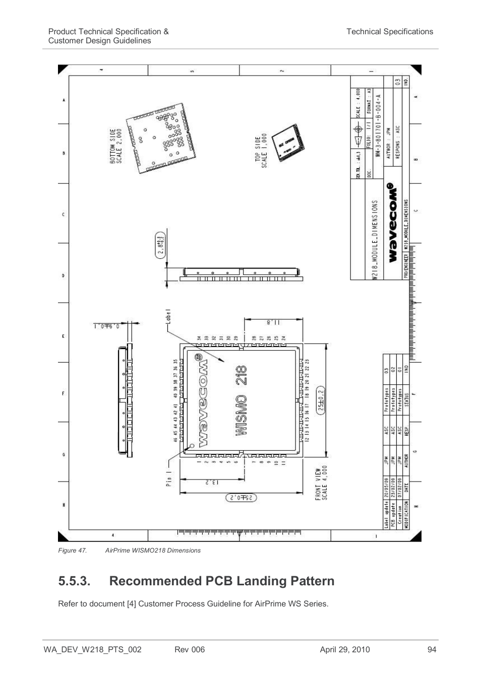 Recommended pcb landing pattern, Figure 47, Airprime wismo218 dimensions | Sierra Wireless AIRPRIME WISMO218 User Manual | Page 94 / 103