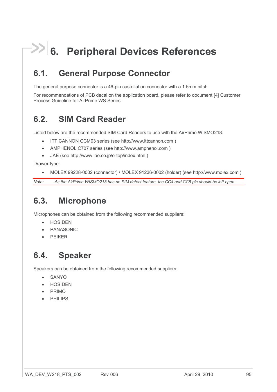 Peripheral devices references, General purpose connector, Sim card reader | Microphone, Speaker | Sierra Wireless AIRPRIME WISMO218 User Manual | Page 95 / 103