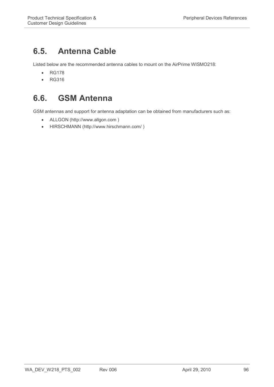 Antenna cable, Gsm antenna | Sierra Wireless AIRPRIME WISMO218 User Manual | Page 96 / 103