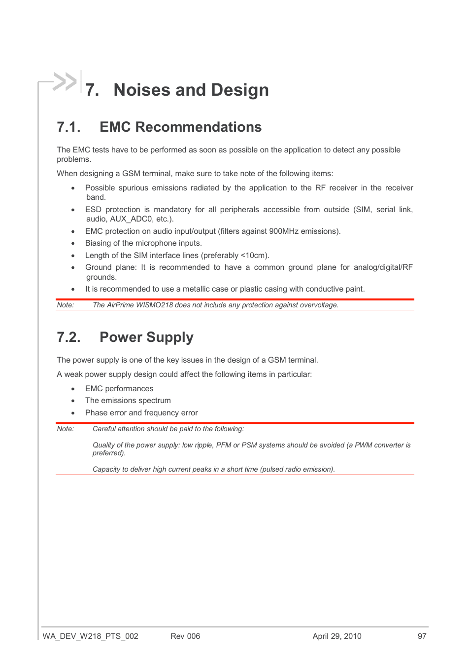 Noises and design, Emc recommendations, Power supply | Sierra Wireless AIRPRIME WISMO218 User Manual | Page 97 / 103