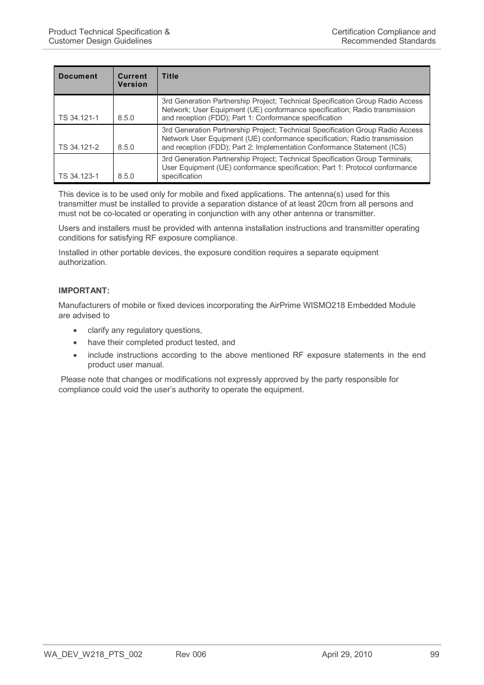 Sierra Wireless AIRPRIME WISMO218 User Manual | Page 99 / 103