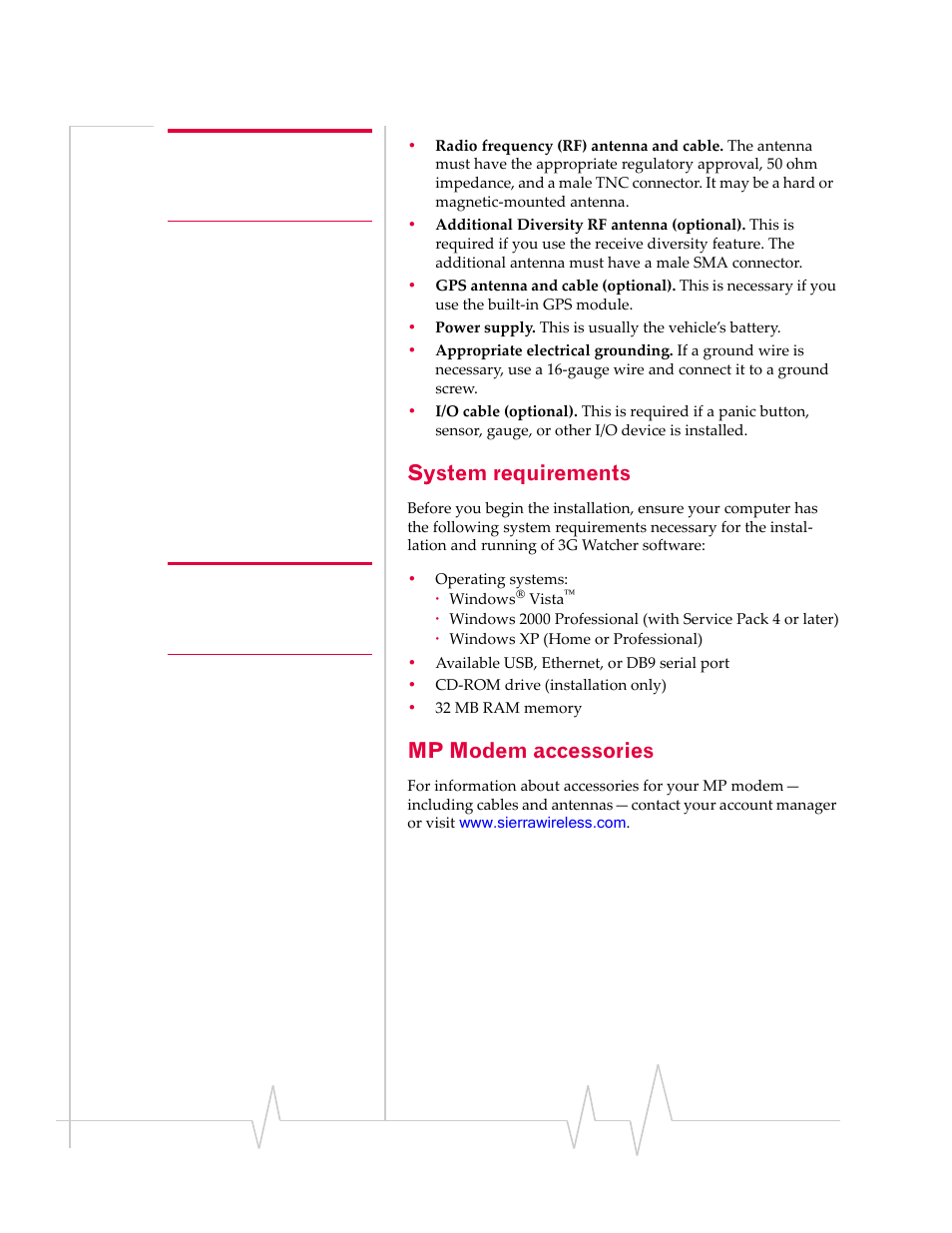 System requirements, Mp modem accessories | Sierra Wireless MP 595 User Manual | Page 22 / 68