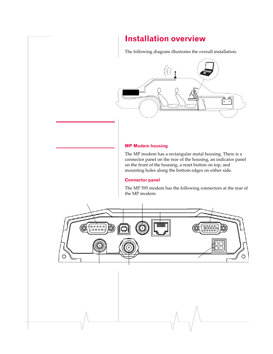 Installation overview, Mp modem housing connector panel, Installation | Overview | Sierra Wireless MP 595 User Manual | Page 23 / 68