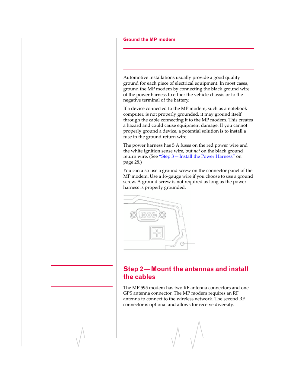 Step 2—mount the antennas and install the cables, Ground the mp modem, Step 2—mount the antennas and install the cables | Ground the, Mp modem | Sierra Wireless MP 595 User Manual | Page 26 / 68