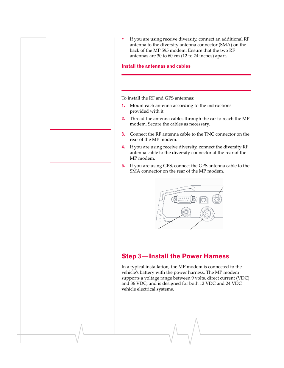 Step 3—install the power harness, Install the antennas and cables, Step 3—install the power harness | Sierra Wireless MP 595 User Manual | Page 28 / 68