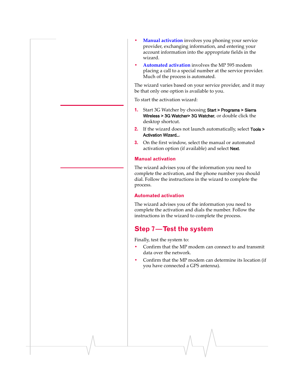 Step 7—test the system, Manual activation automated activation, Step 7—test the system | Sierra Wireless MP 595 User Manual | Page 35 / 68