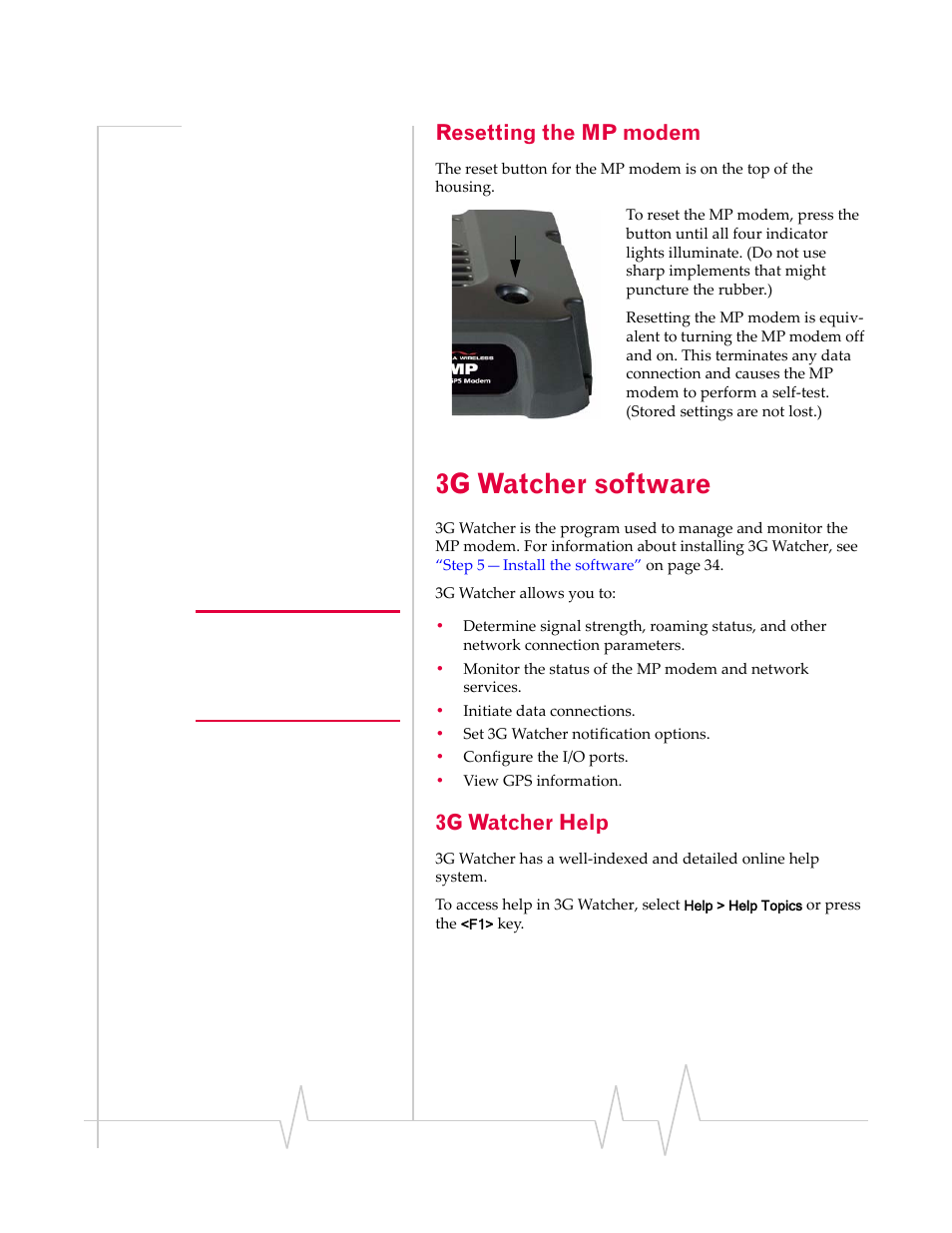 Resetting the mp modem, 3g watcher software, 3g watcher help | Sierra Wireless MP 595 User Manual | Page 39 / 68