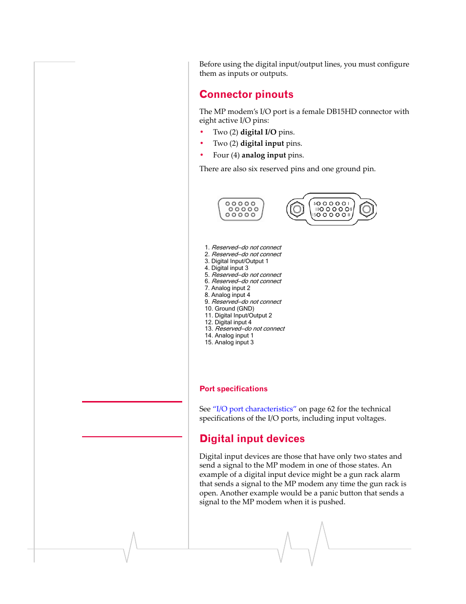 Connector pinouts, Digital input devices, Port specifications | Sierra Wireless MP 595 User Manual | Page 44 / 68