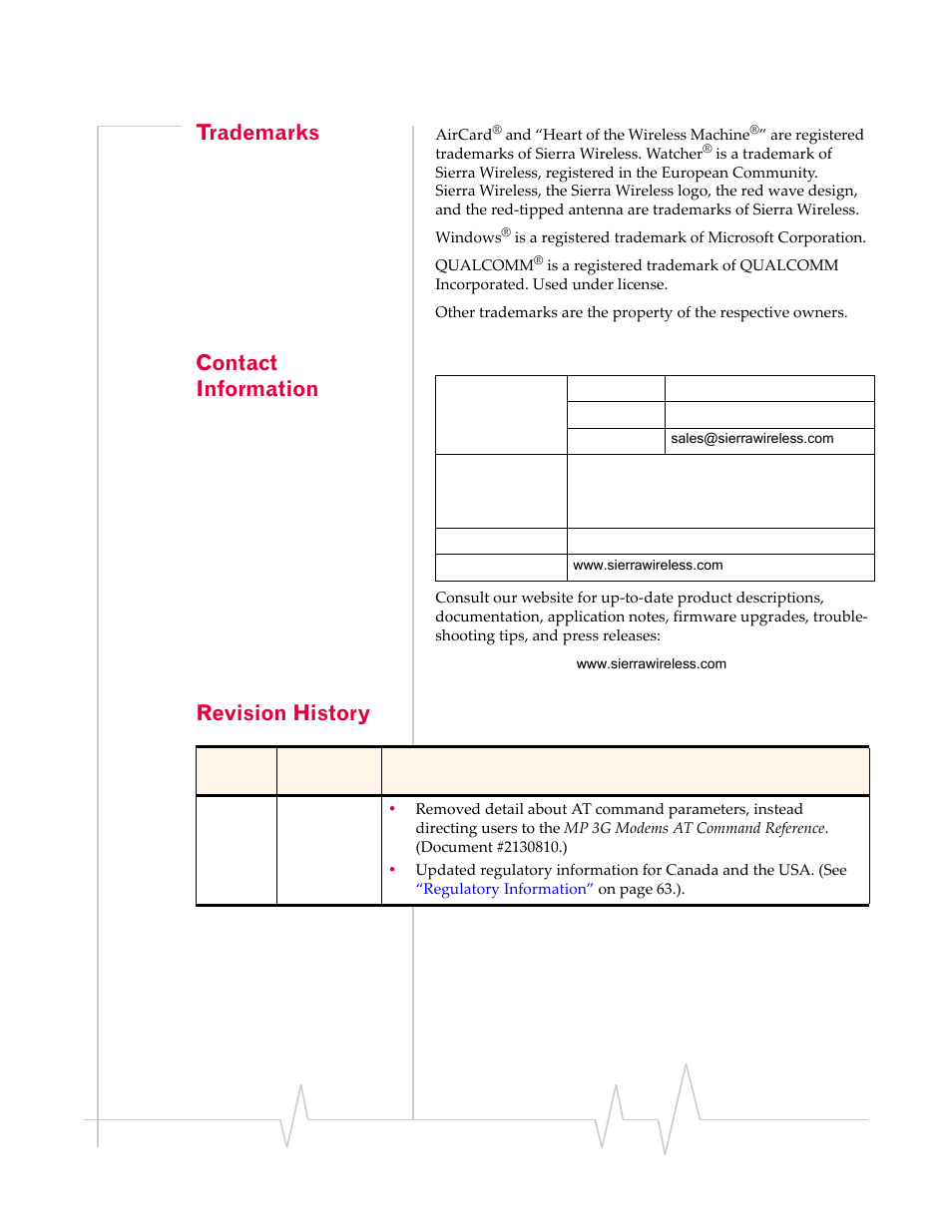 Trademarks, Contact information, Revision history | Sierra Wireless MP 595 User Manual | Page 5 / 68