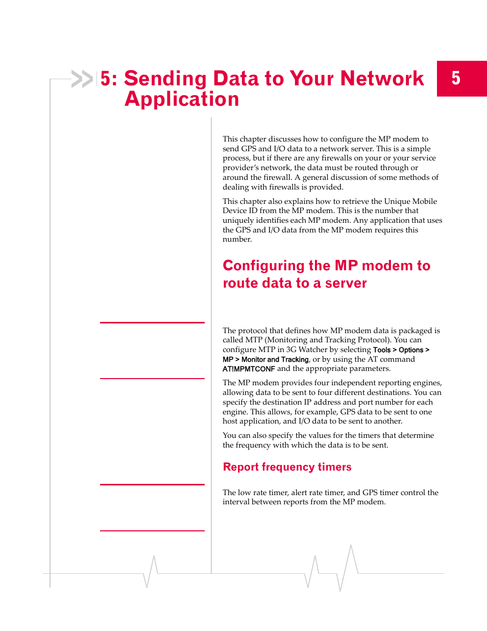 Sending data to your network application, Configuring the mp modem to route data to a server, Report frequency timers | And i/o data, Chapter 5, Descr | Sierra Wireless MP 595 User Manual | Page 51 / 68