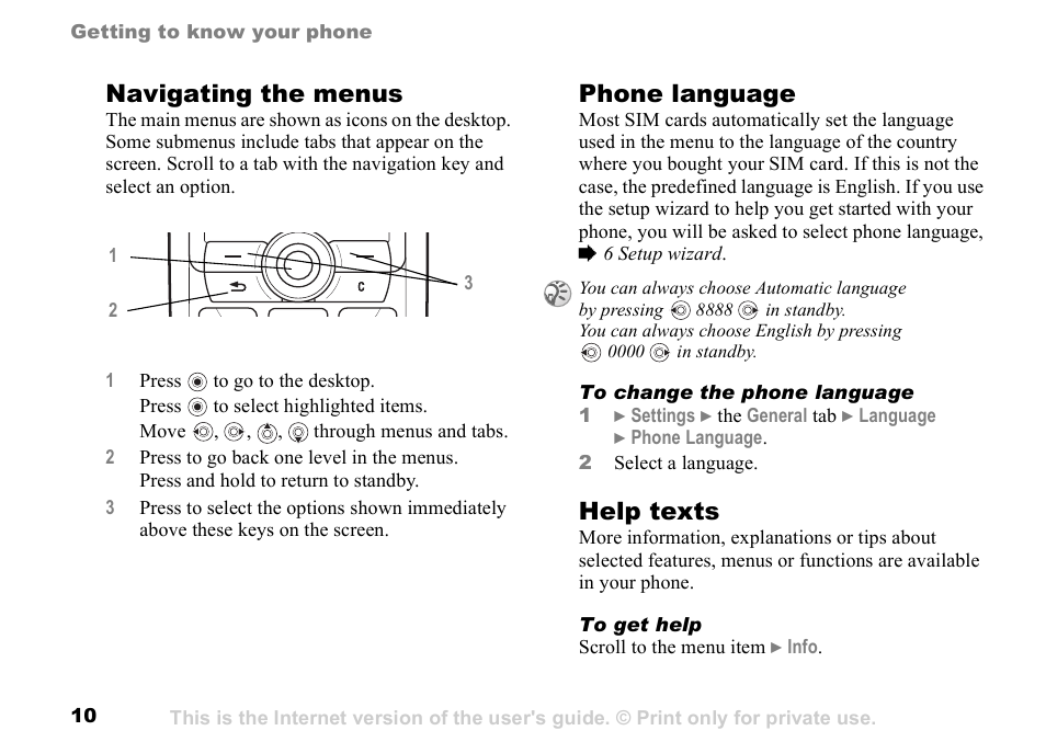 10 navigating, The menus, Navigating the menus | Phone language, Help texts | Sunway GSM 900 User Manual | Page 10 / 97