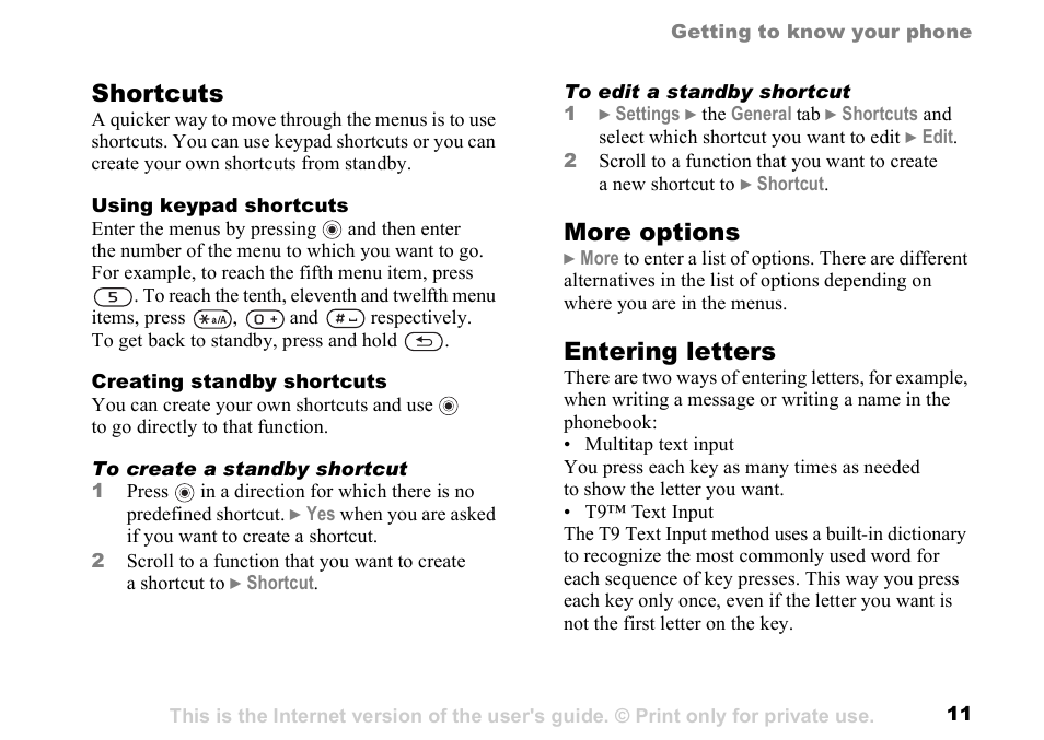 Shortcuts, More options, Entering letters | Sunway GSM 900 User Manual | Page 11 / 97