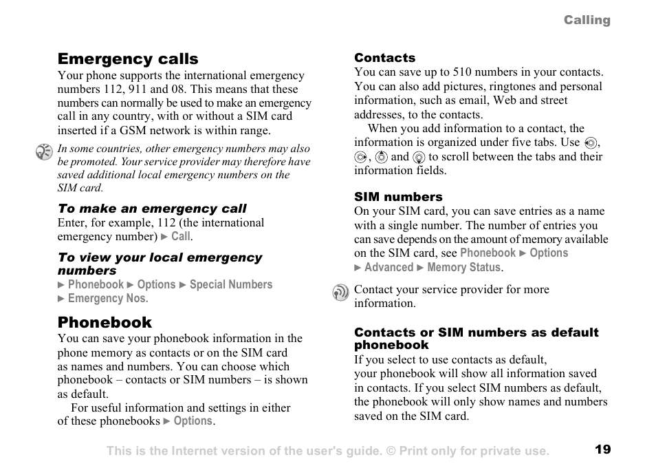 19 phonebook, 19 emergency calls, Emergency calls | Phonebook | Sunway GSM 900 User Manual | Page 19 / 97