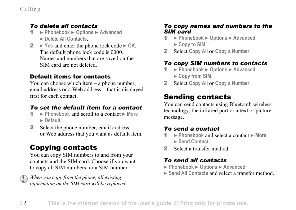 Copying contacts, Sending contacts | Sunway GSM 900 User Manual | Page 22 / 97