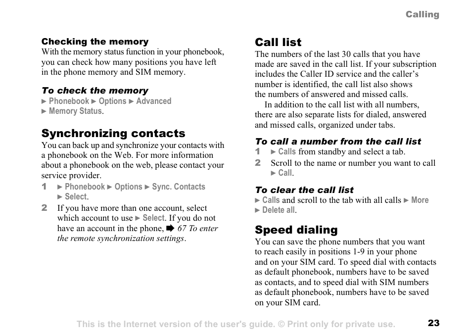 23 call list, Synchronizing contacts, Call list | Speed dialing | Sunway GSM 900 User Manual | Page 23 / 97