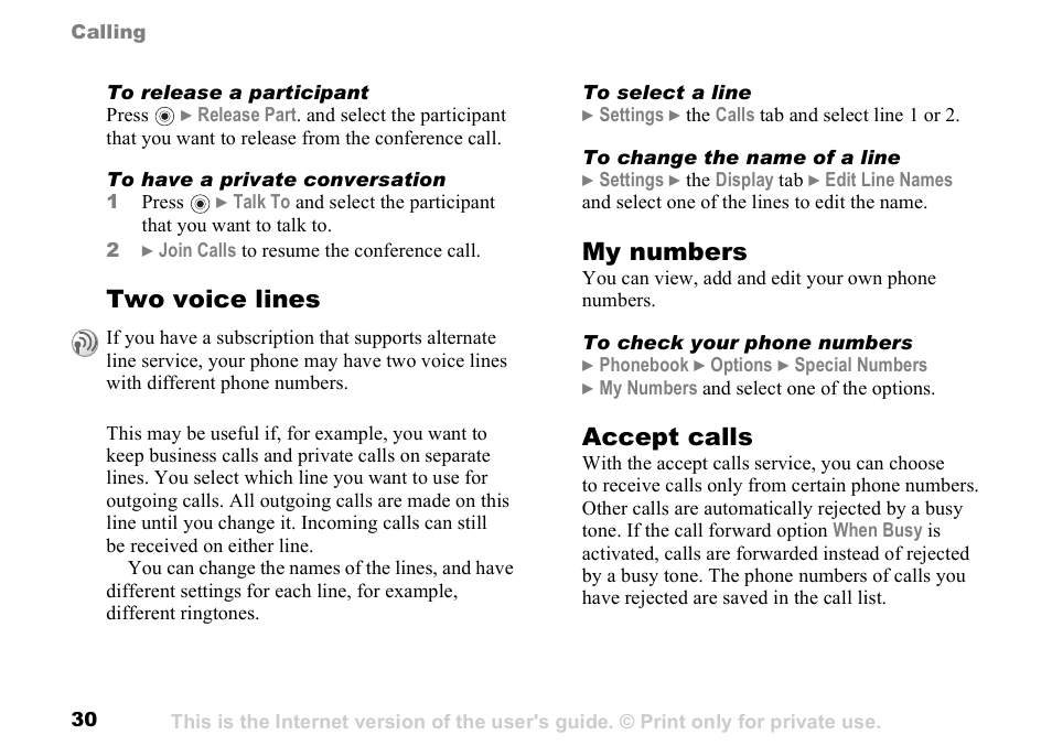 Two voice lines, My numbers, Accept calls | Sunway GSM 900 User Manual | Page 30 / 97