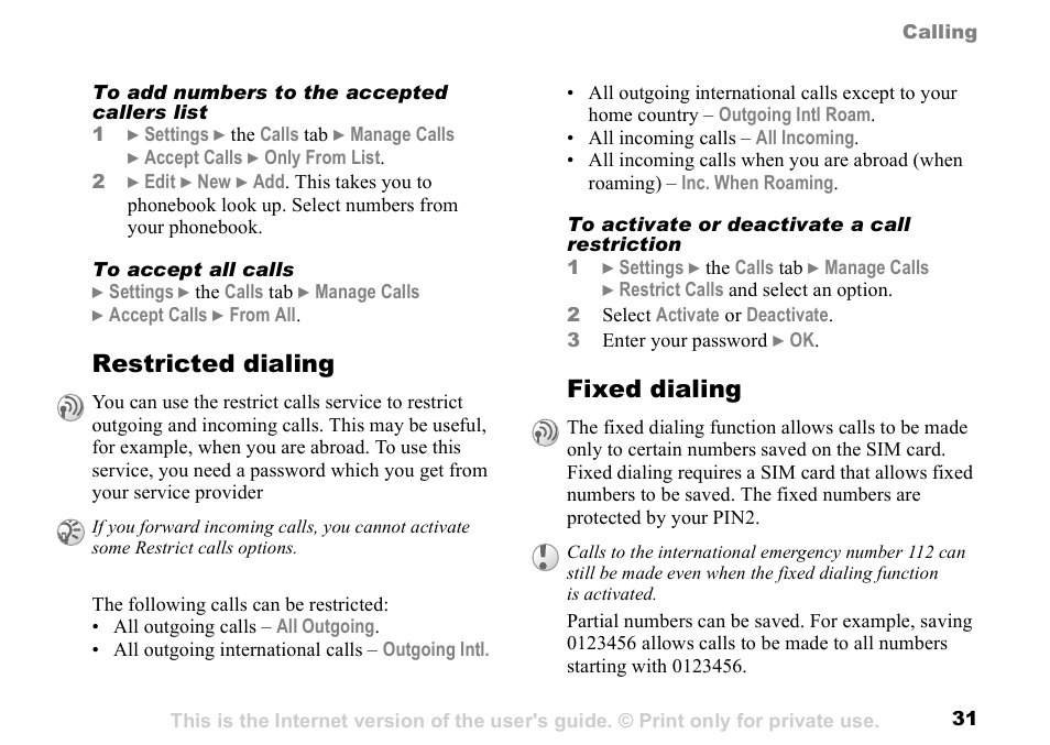 Restricted dialing, Fixed dialing | Sunway GSM 900 User Manual | Page 31 / 97