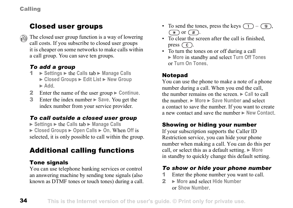 Closed user groups, Additional calling functions | Sunway GSM 900 User Manual | Page 34 / 97