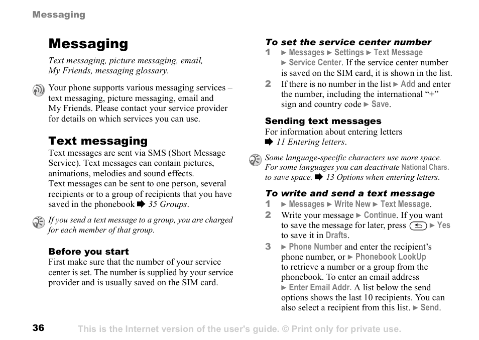 Messaging, Text messaging | Sunway GSM 900 User Manual | Page 36 / 97