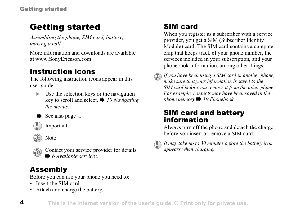 Getting started, Instruction icons, Assembly | Sim card, Sim card and battery information | Sunway GSM 900 User Manual | Page 4 / 97