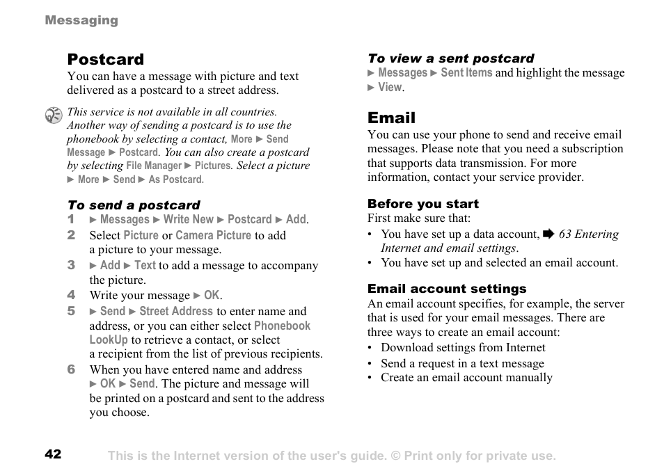 Postcard, Email | Sunway GSM 900 User Manual | Page 42 / 97