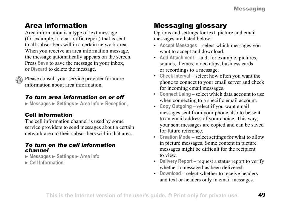 49 messaging glossary, 49 messaging, Glossary | Area information, Messaging glossary | Sunway GSM 900 User Manual | Page 49 / 97