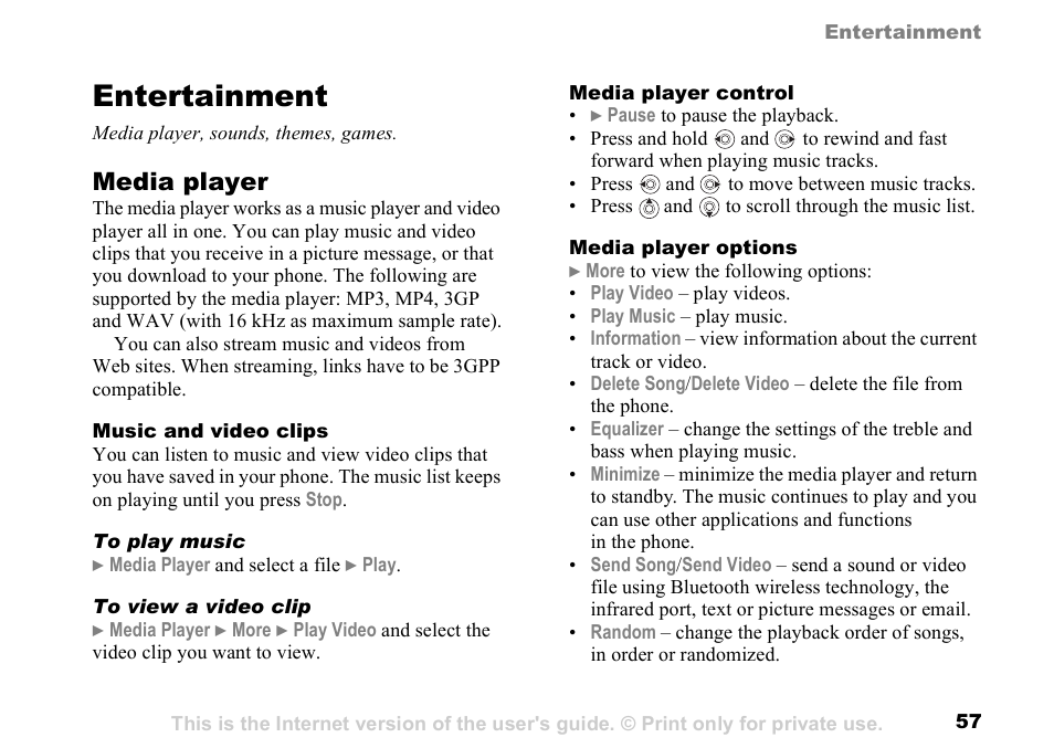 Entertainment, Entertainment media player, sounds, themes, games, Media player | Sunway GSM 900 User Manual | Page 57 / 97