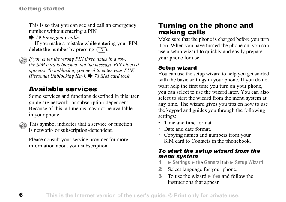 6 available services, Available services, Turning on the phone and making calls | Sunway GSM 900 User Manual | Page 6 / 97