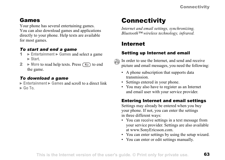 Connectivity, 63 setting up internet and email, Games | Internet | Sunway GSM 900 User Manual | Page 63 / 97