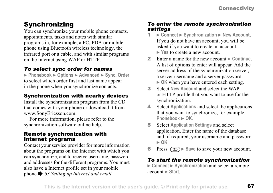 67 to enter, The remote synchronization settings, Synchronizing | Sunway GSM 900 User Manual | Page 67 / 97