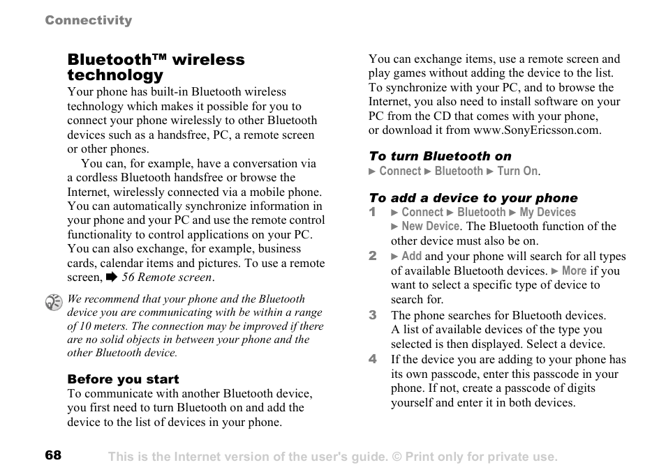 68 bluetooth™ wireless, Technology, Bluetooth™ wireless technology | Sunway GSM 900 User Manual | Page 68 / 97