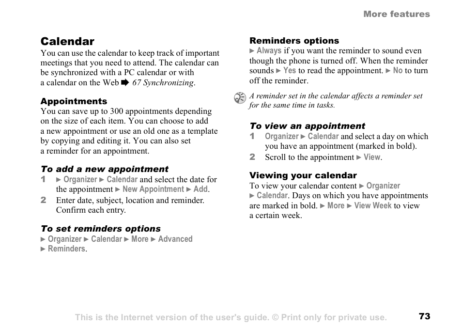 Calendar | Sunway GSM 900 User Manual | Page 73 / 97
