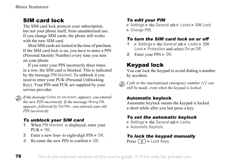 78 sim card lock, Sim card lock, Keypad lock | Sunway GSM 900 User Manual | Page 78 / 97