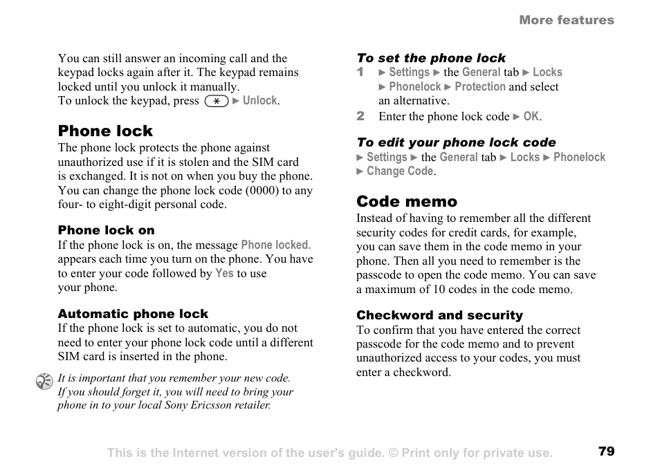Phone lock | Sunway GSM 900 User Manual | Page 79 / 97
