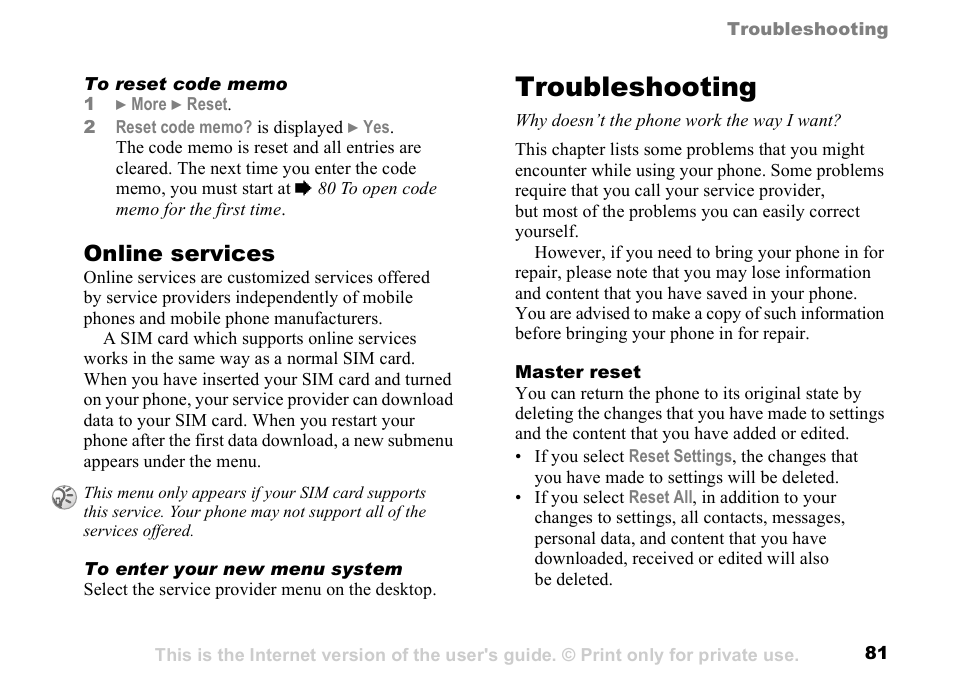 Troubleshooting, Online services | Sunway GSM 900 User Manual | Page 81 / 97