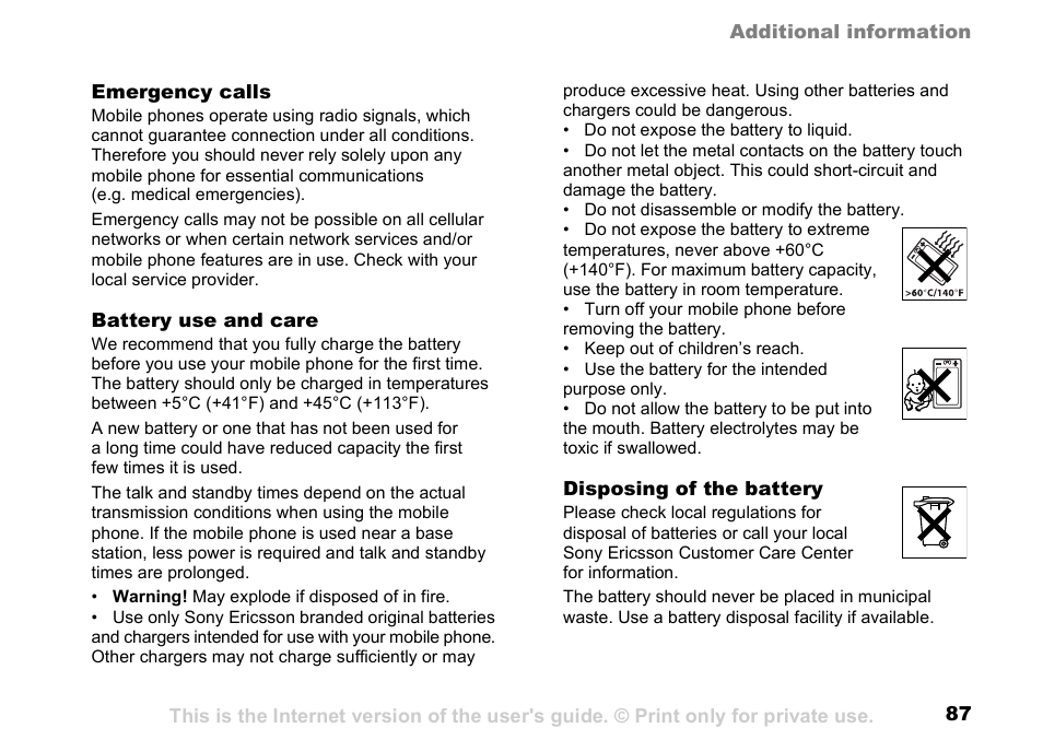 87 battery use and care | Sunway GSM 900 User Manual | Page 87 / 97